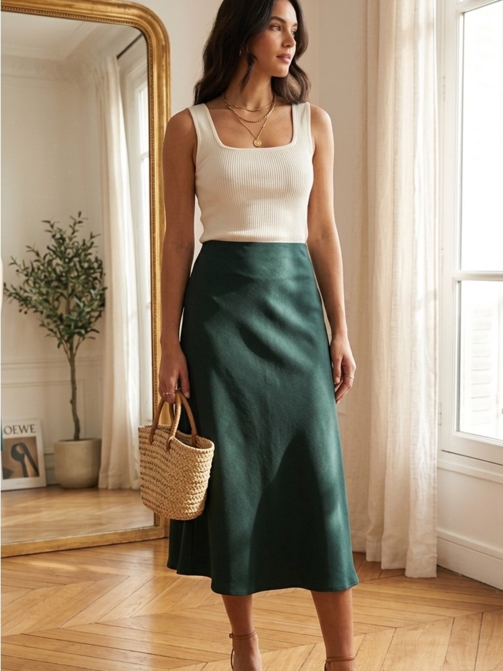 AUS Brand Midi Skirt in Dark Emerald Green. Not Satin. It’s Poliéster Size 4 US